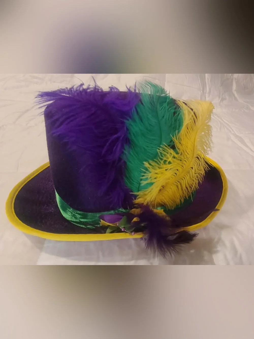 4 Purple Mardi Gras Feather Trim Top Hat with Green Band - Unbranded